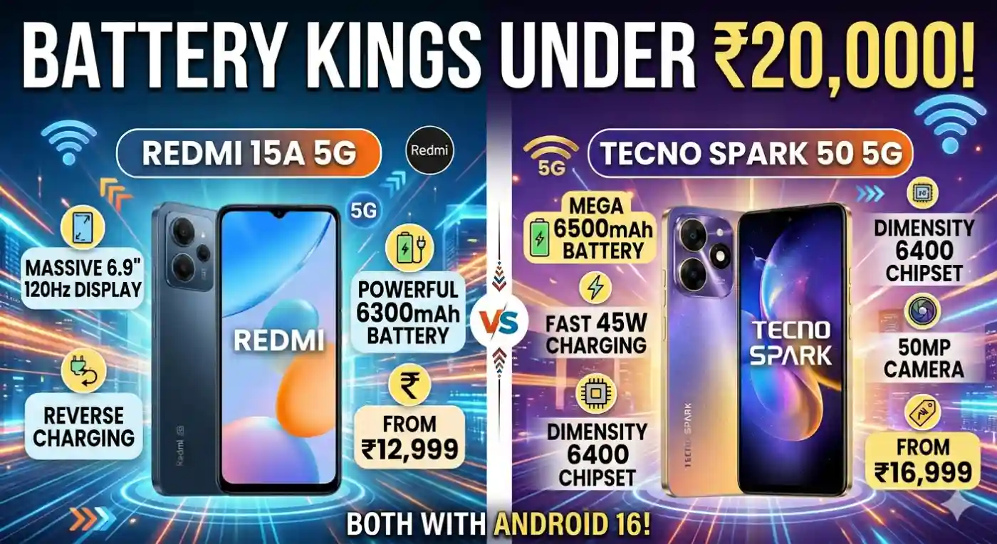 Battery Kings Under ₹20,000! Redmi 15A 5G vs. Tecno Spark 50 5G: Which Should You Buy?